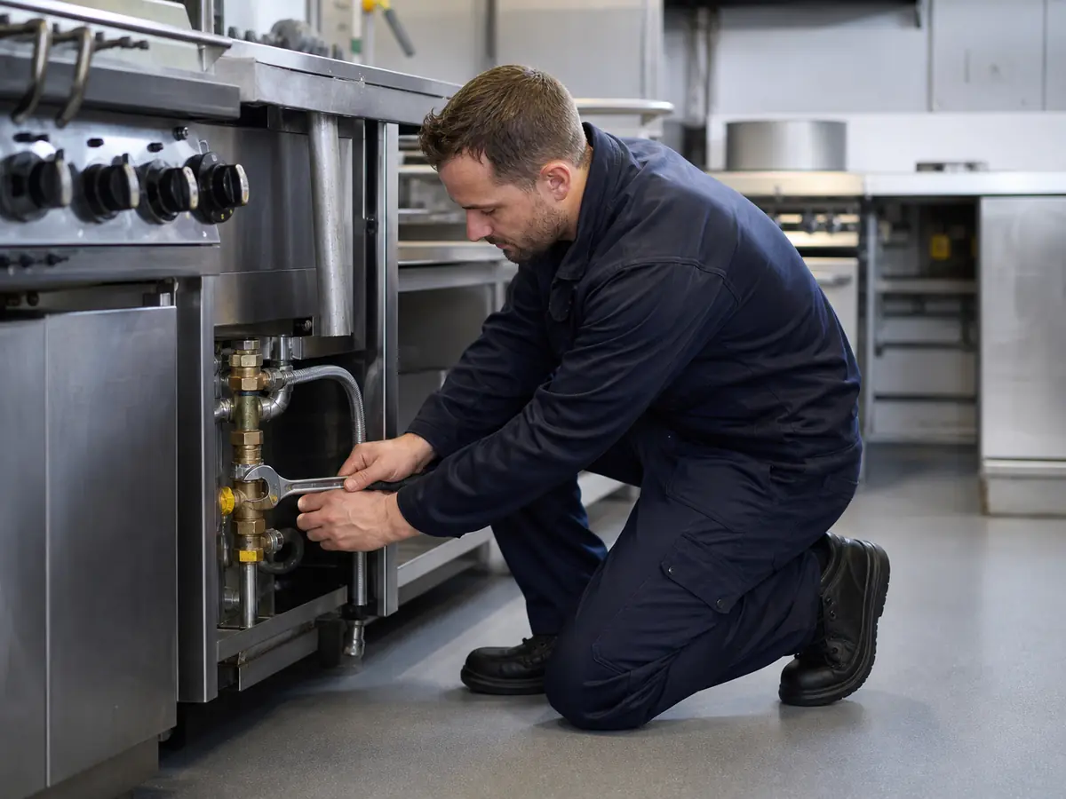 Gas engineer servicing equipment in a commercial kitchen