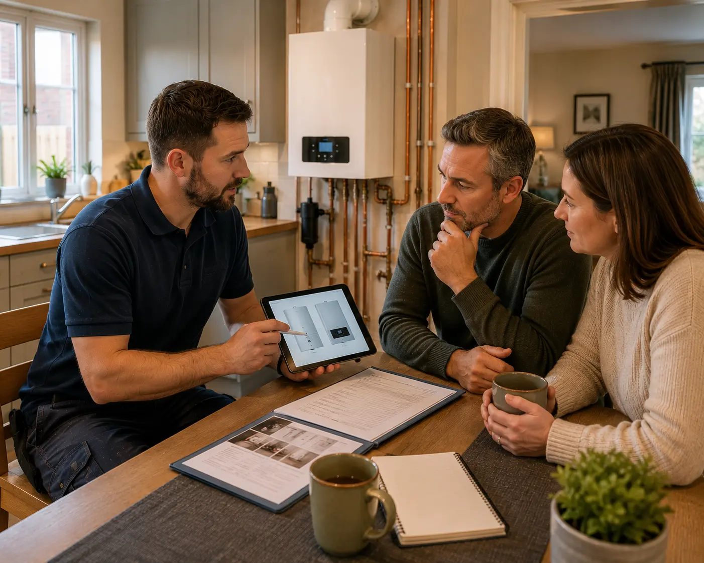 Commercial gas engineer discussing services with clients at home