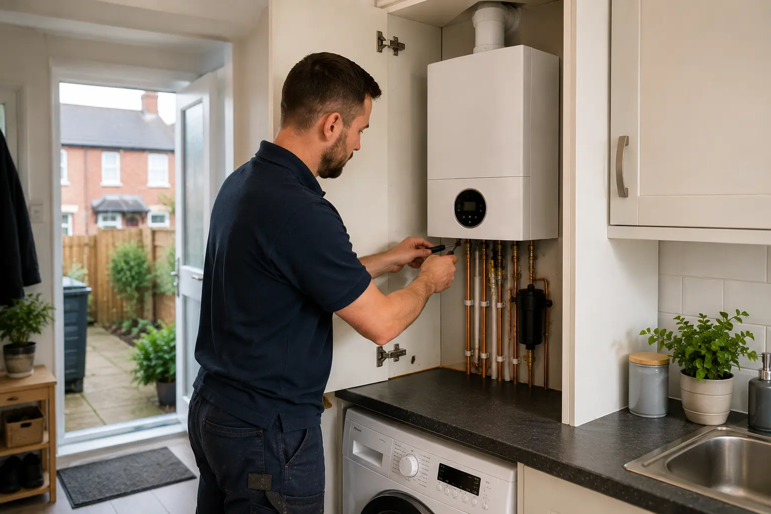Commercial gas engineer working on a domestic boiler installation