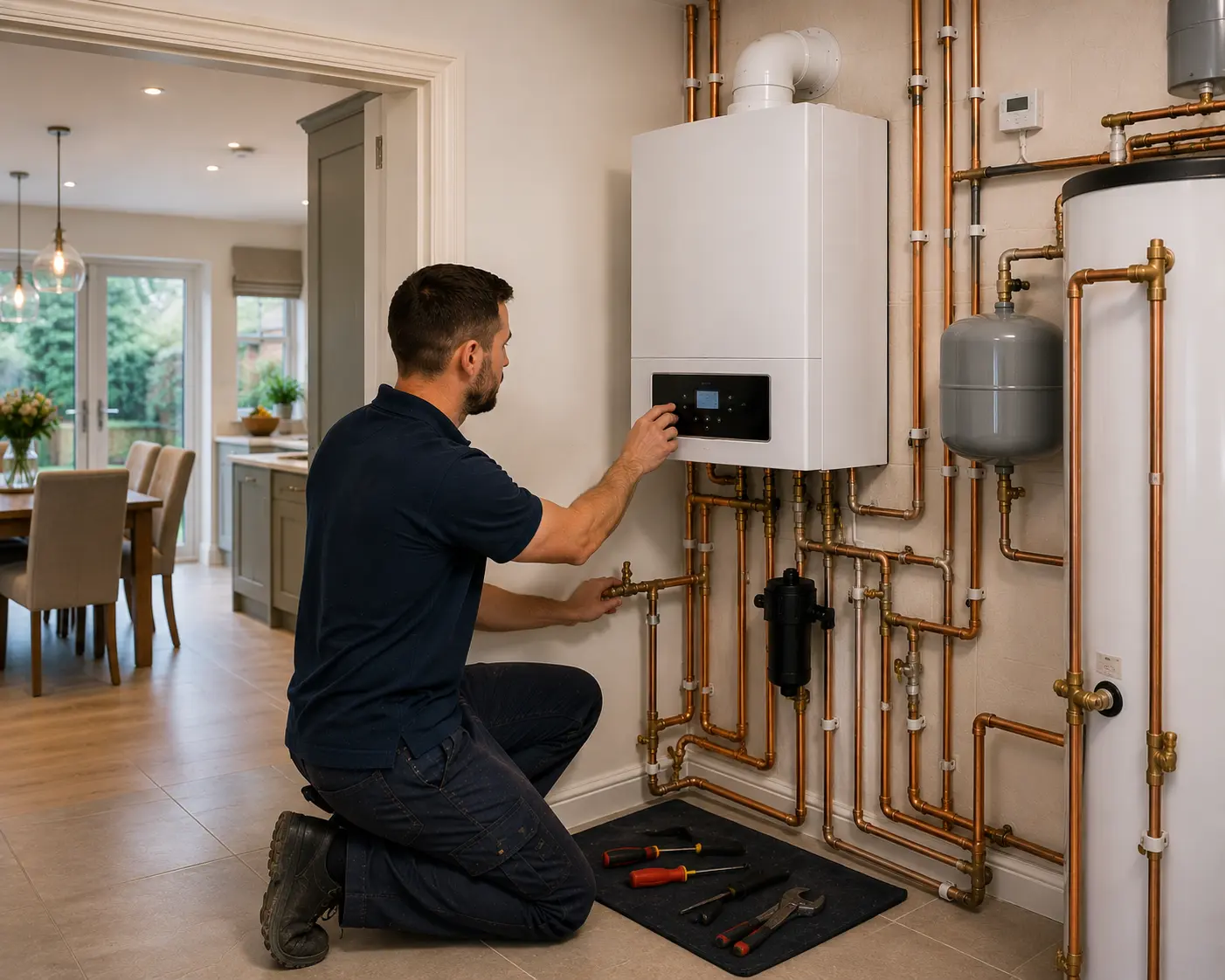 Commercial gas engineer adjusting a boiler in a residential setting