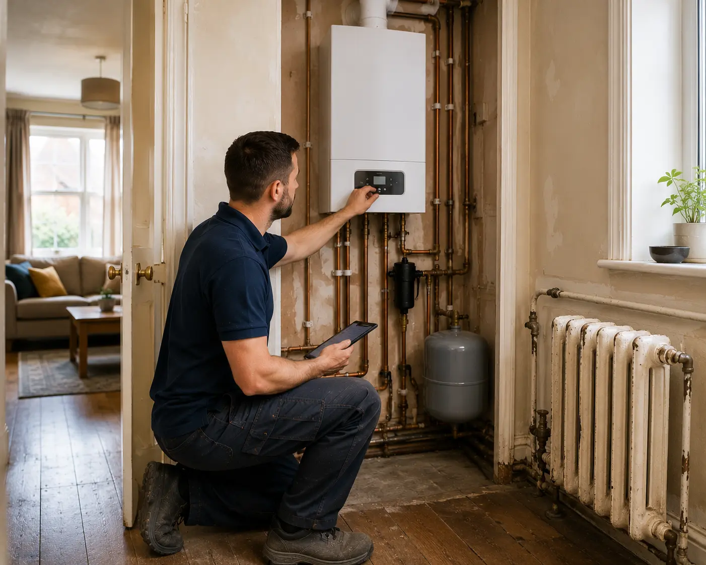Commercial gas engineer adjusting a boiler in a home.