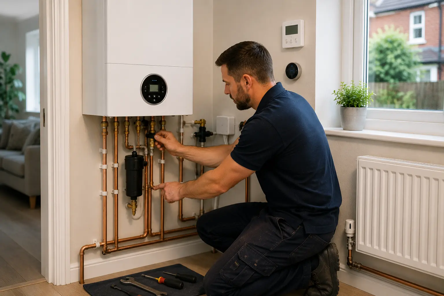 Commercial gas engineer inspecting gas pipework in a domestic setting.