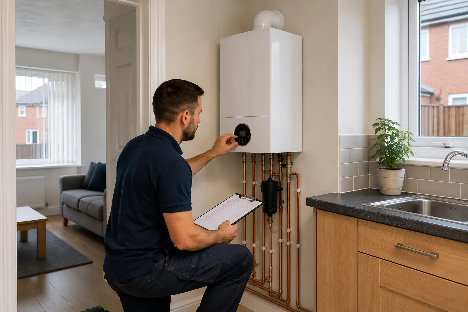 Commercial gas engineer checking a boiler in a domestic kitchen