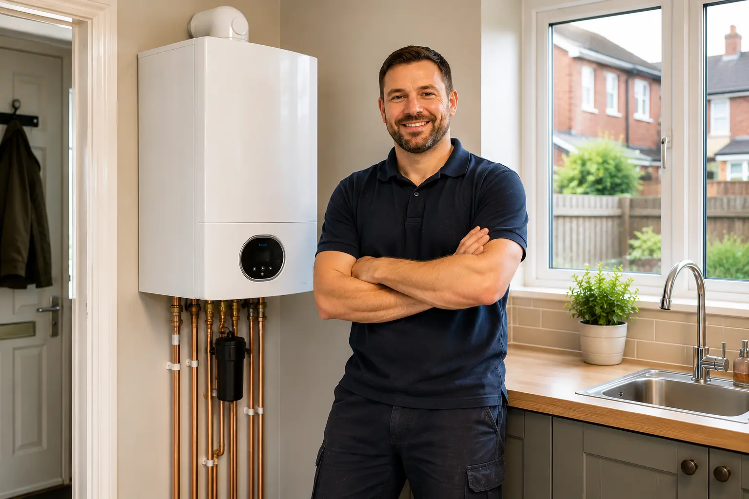 Commercial gas engineer stands confidently beside a boiler.