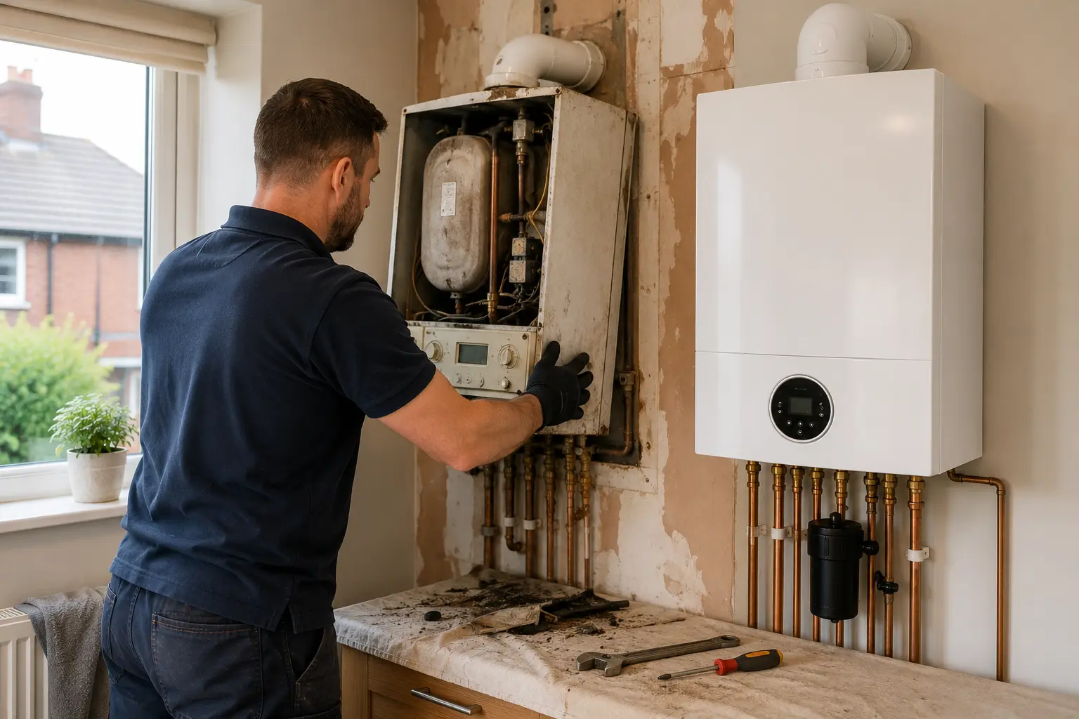 A commercial gas engineer servicing a boiler in a kitchen.