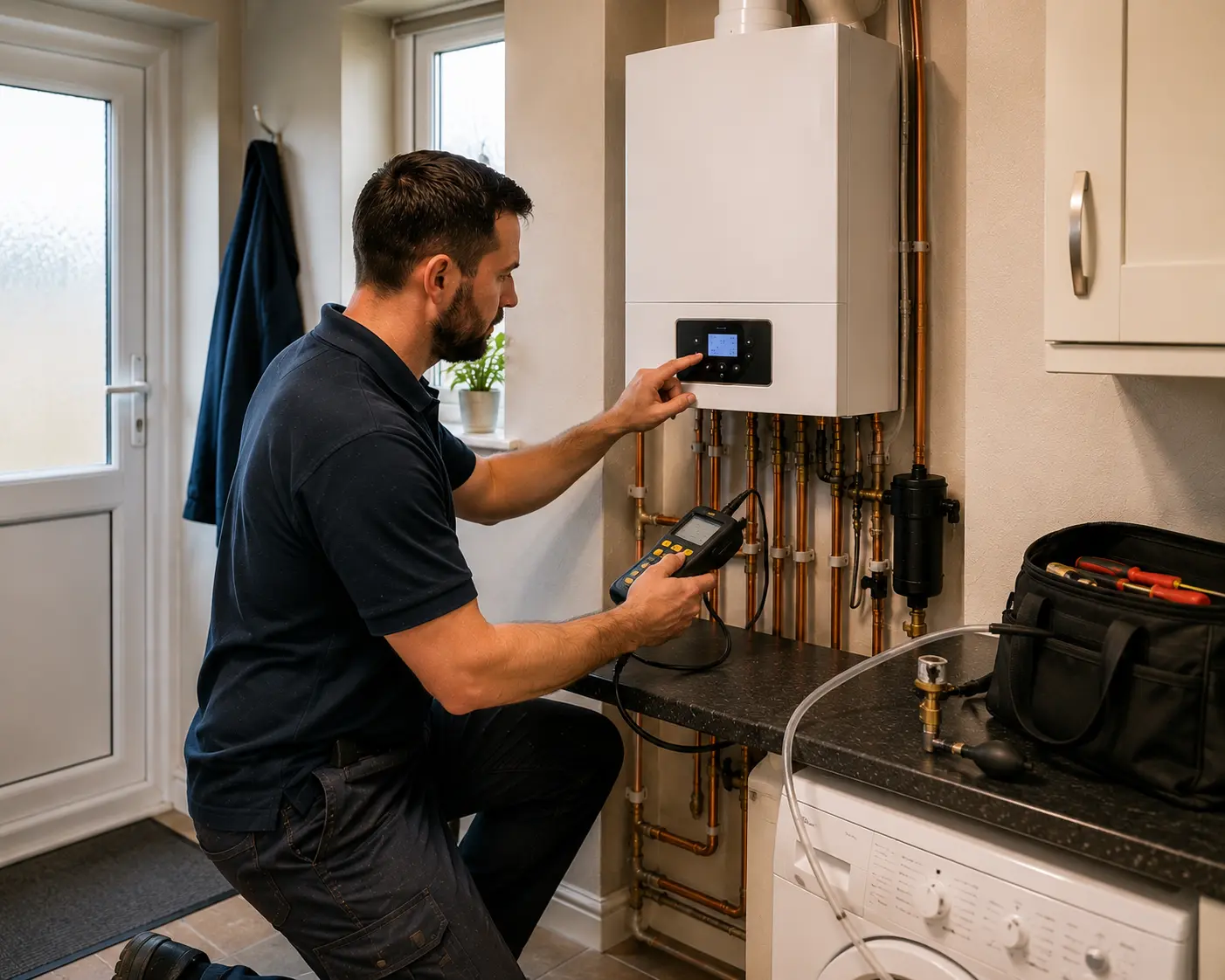 Gas engineer checking a gas appliance in a residential setting