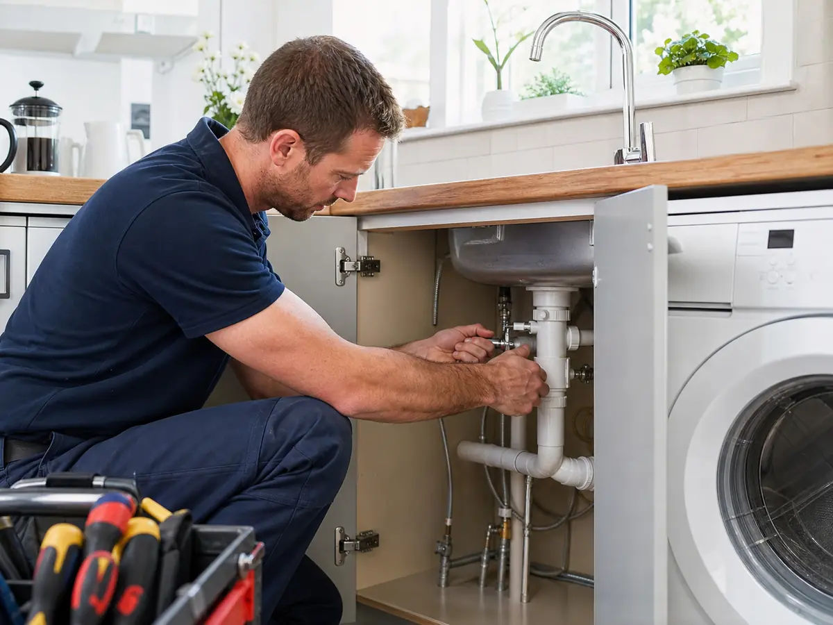 Commercial gas engineer working on pipework under a sink