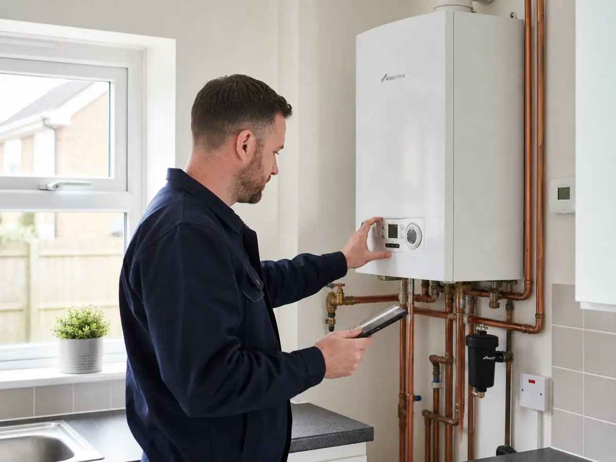 A commercial gas engineer checking a boiler's controls in a kitchen.