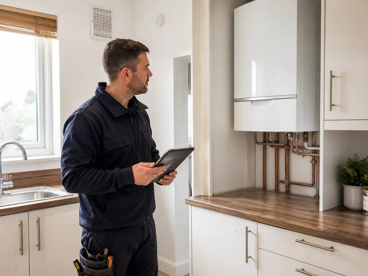 Commercial gas engineer assessing a boiler in a kitchen.