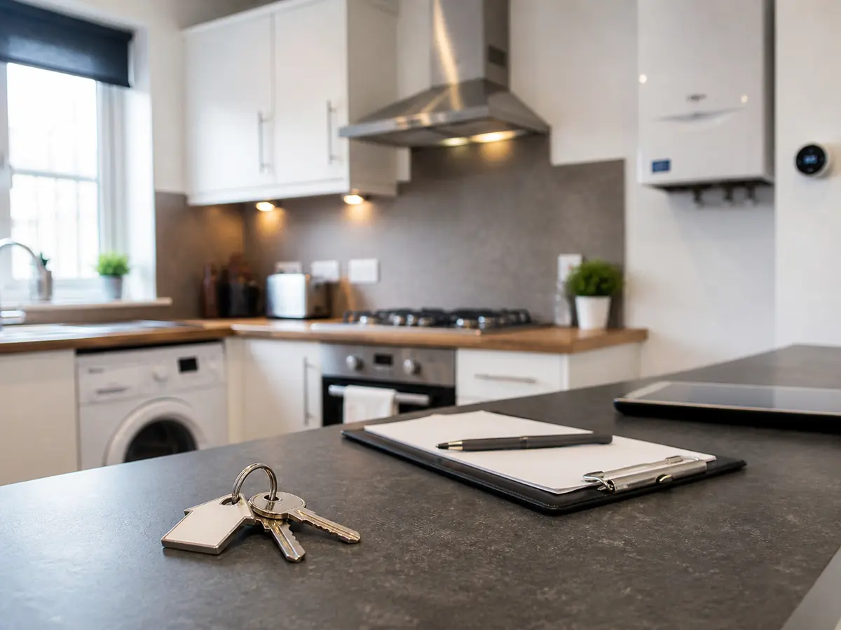 Well-equipped kitchen featuring gas appliances and a clipboard