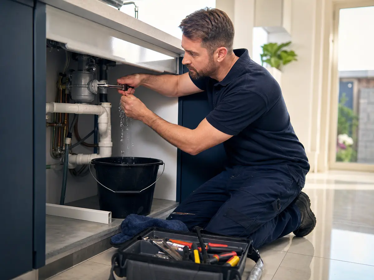 Commercial gas engineer fixing a gas line under a kitchen sink