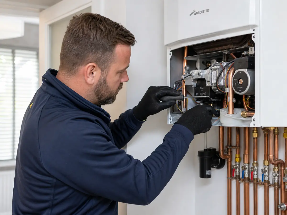Commercial gas engineer servicing a boiler's internal components