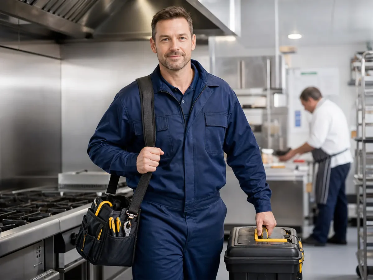 Commercial gas engineer with tools in a kitchen setting