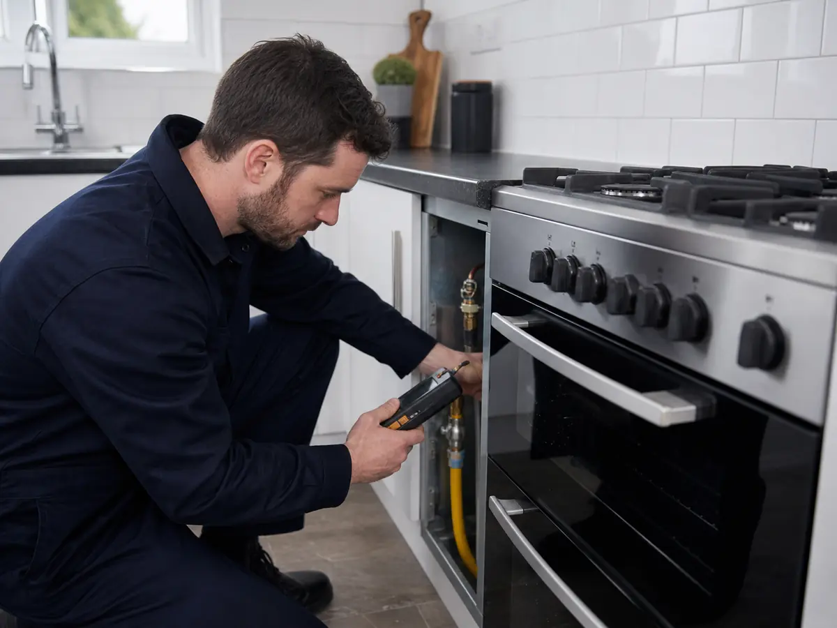 A commercial gas engineer checking gas connections in a kitchen.