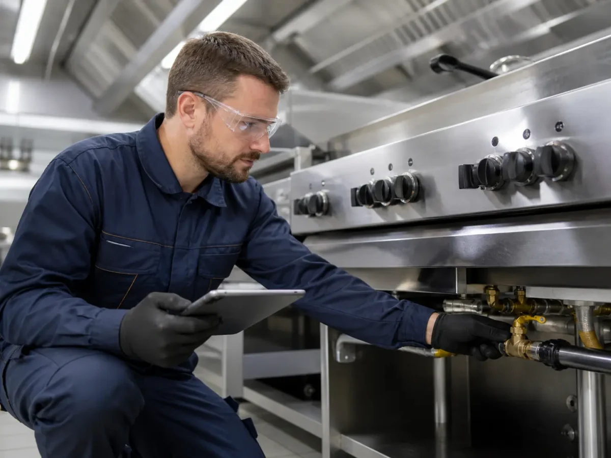 A commercial gas engineer checking gas connections in a kitchen.