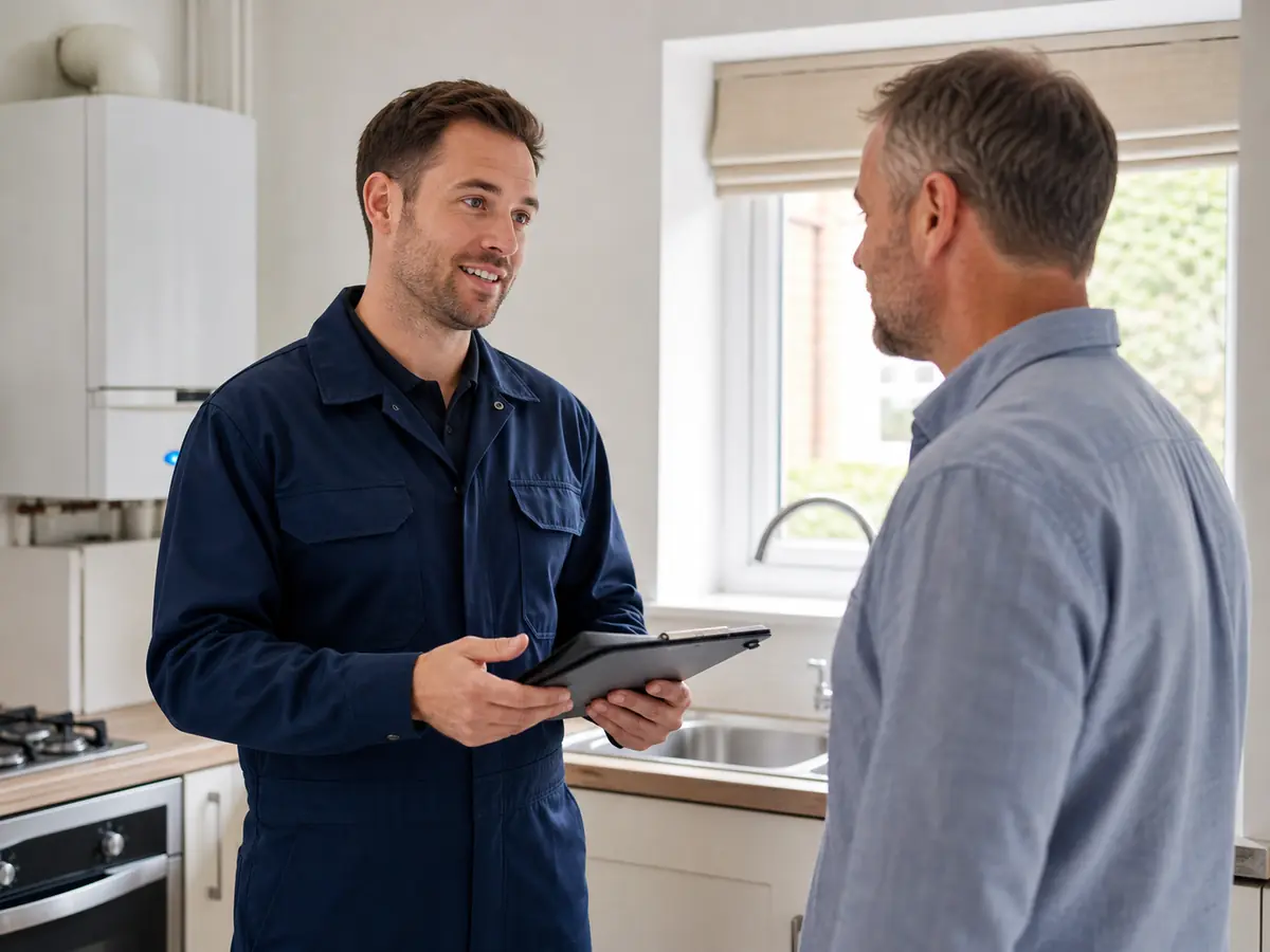 Gas engineer discussing service options with a client in a kitchen