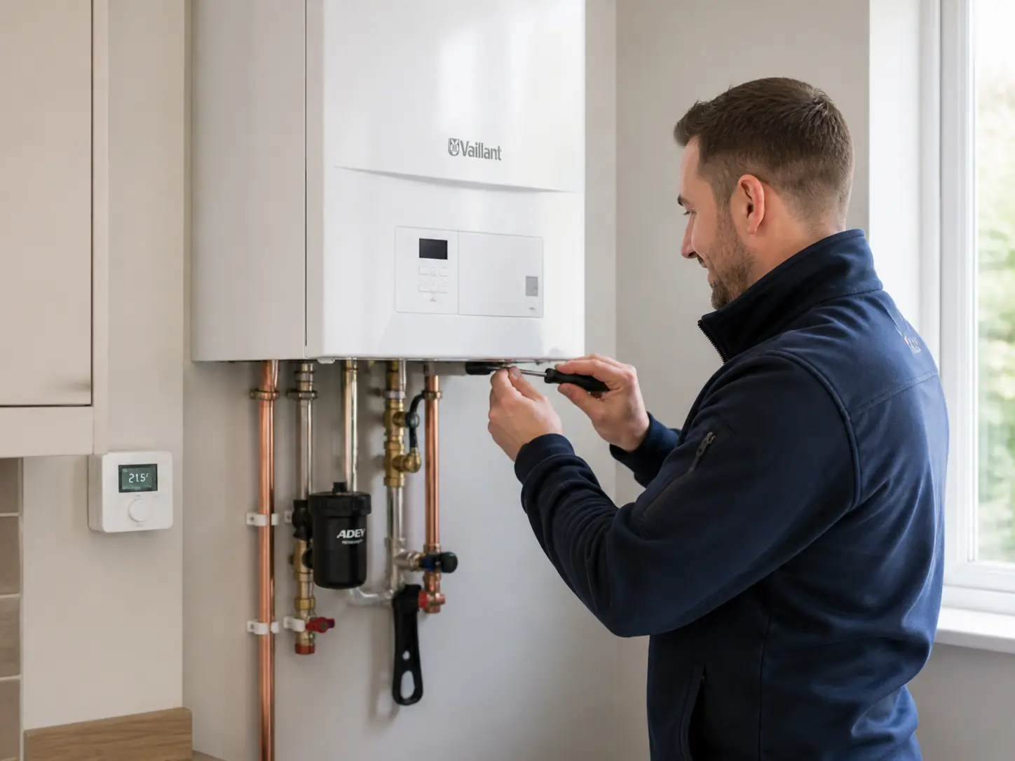 Commercial gas engineer servicing a boiler and pipework