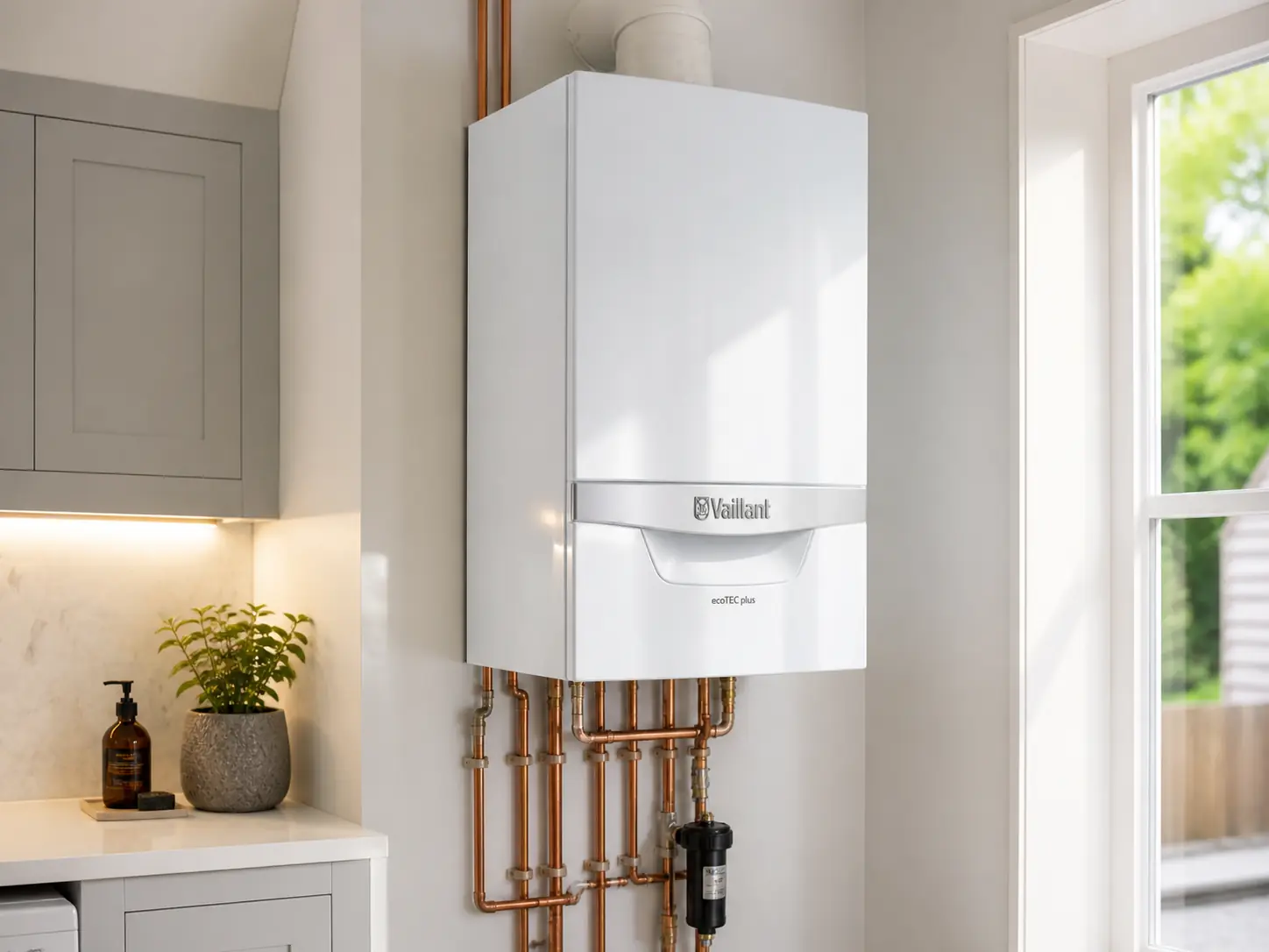 White Vaillant gas boiler mounted on wall with pipework