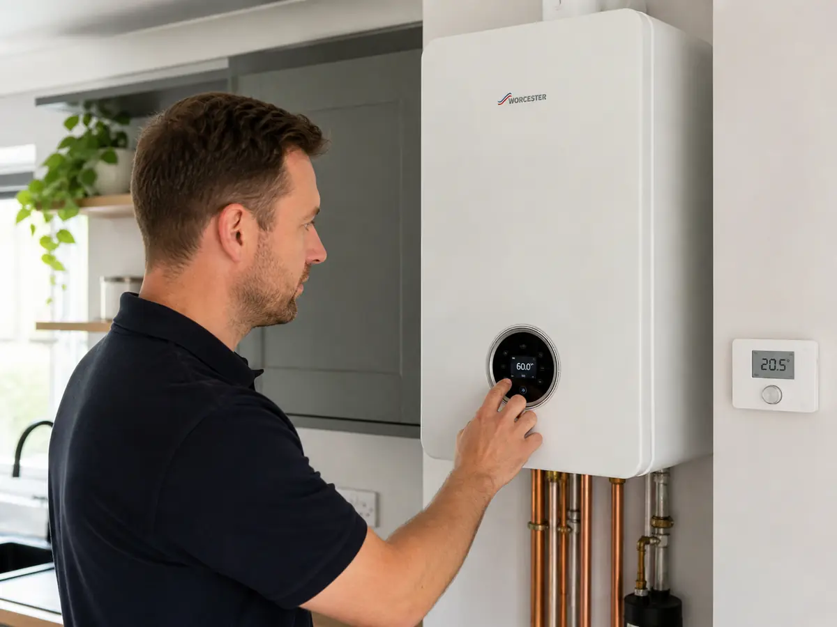 Commercial gas engineer adjusting a boiler in a kitchen setting
