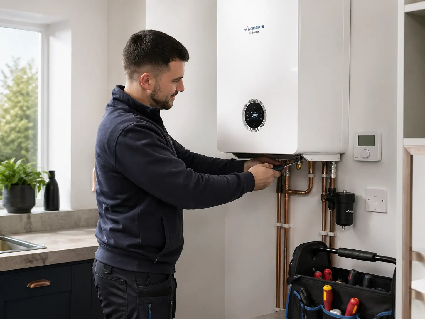A commercial gas engineer servicing a gas boiler installation.