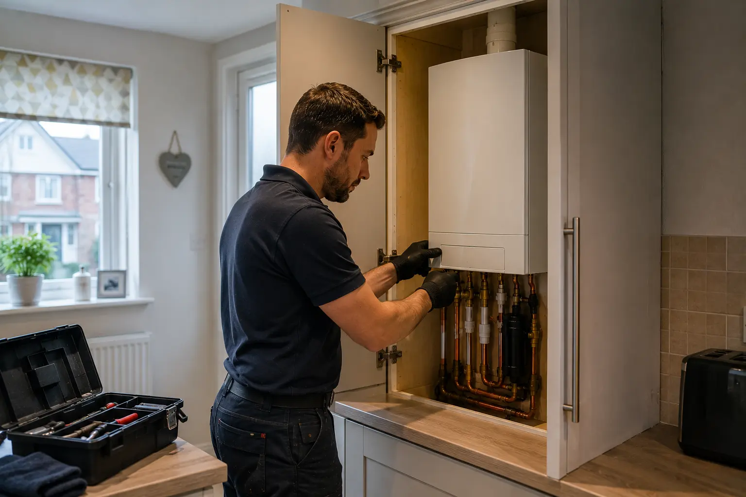 Gas engineer checking a wall-mounted boiler beside an open toolkit