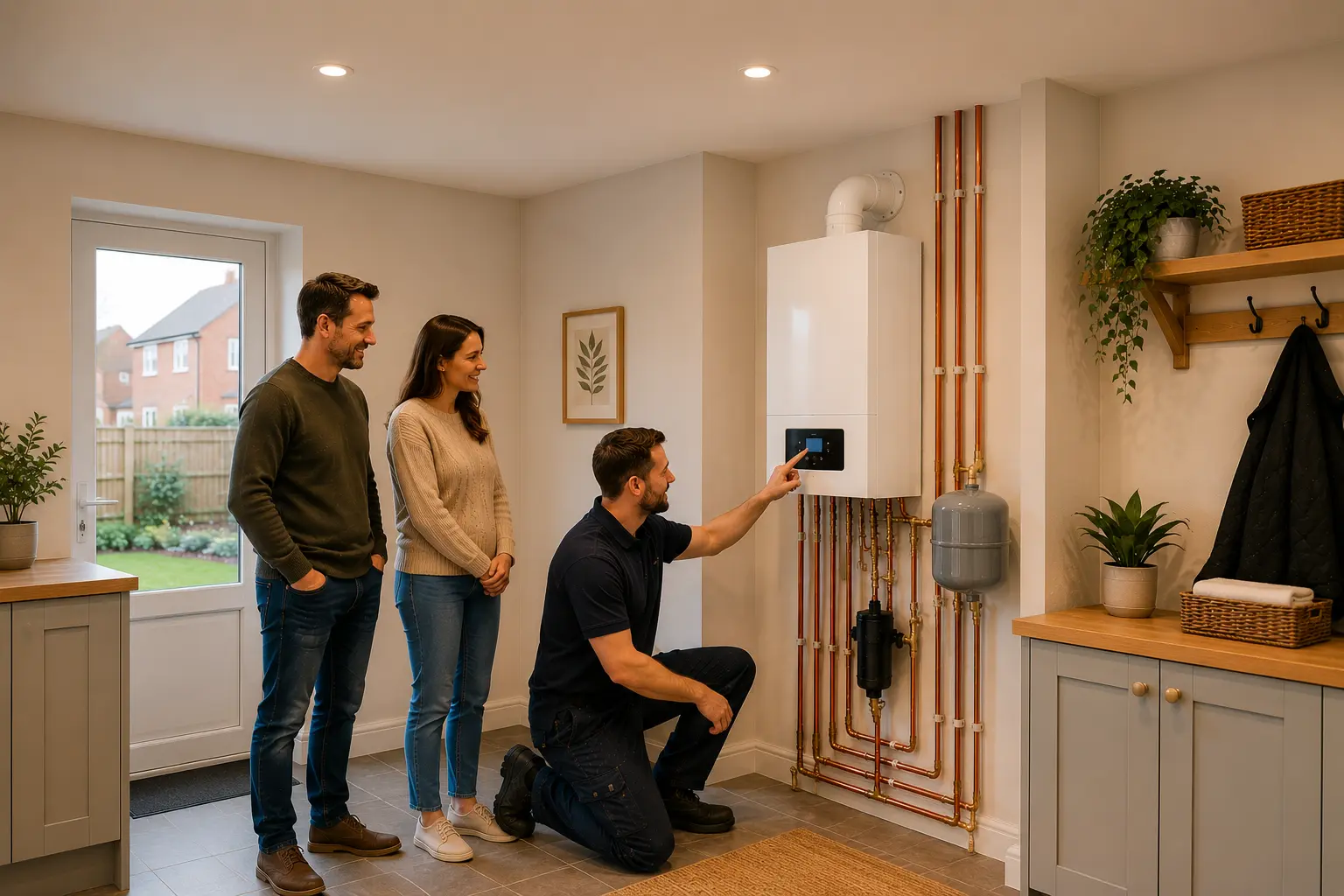 Gas engineer showing a newly fitted boiler to a couple in a kitchen