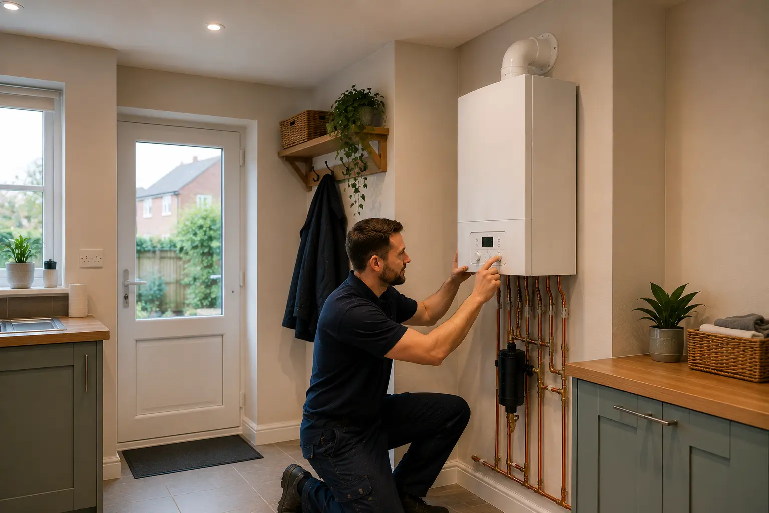 Gas engineer adjusting the controls on a newly fitted combi boiler