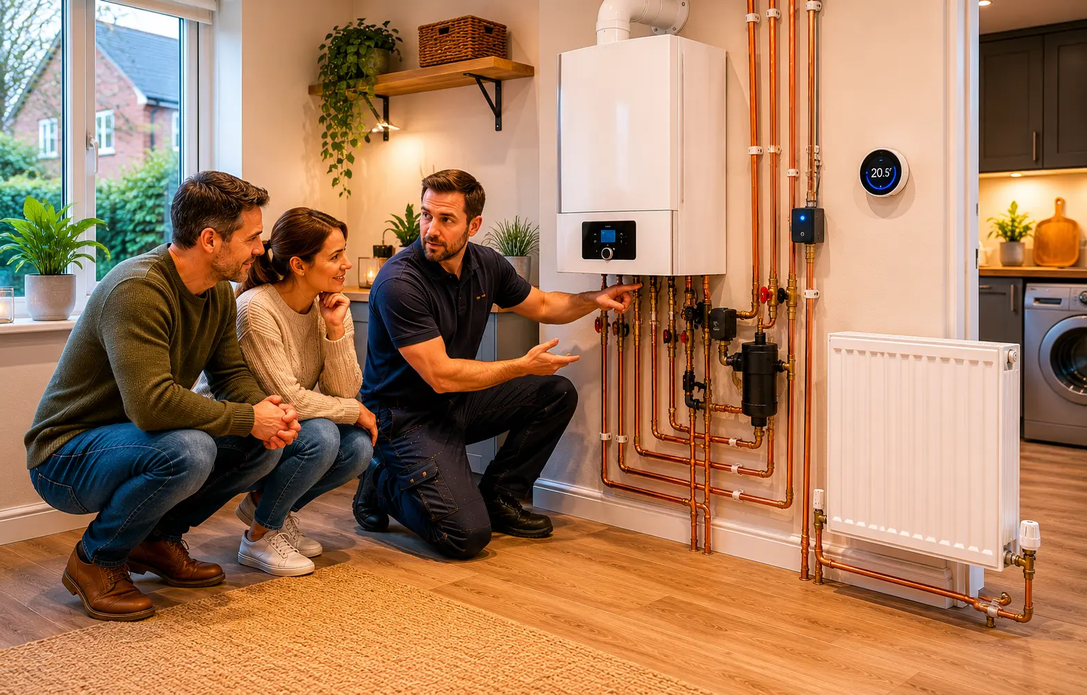 Gas engineer explaining a boiler and radiator system to two customers
