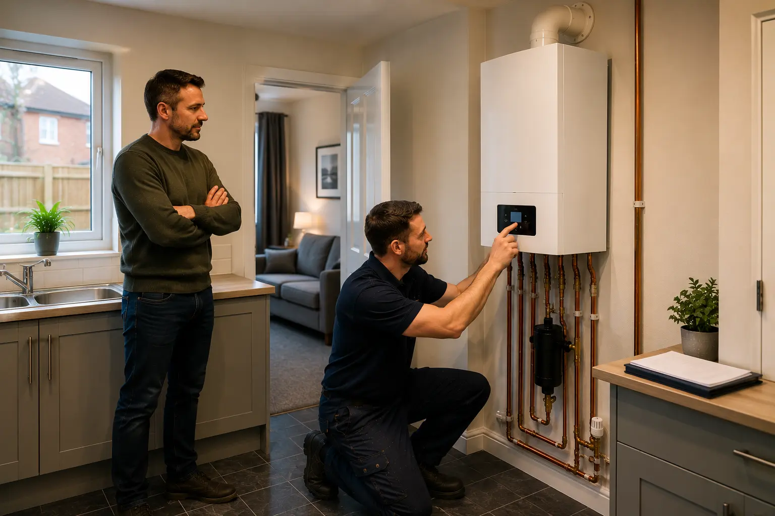 Gas engineer working on a kitchen boiler while a customer looks on