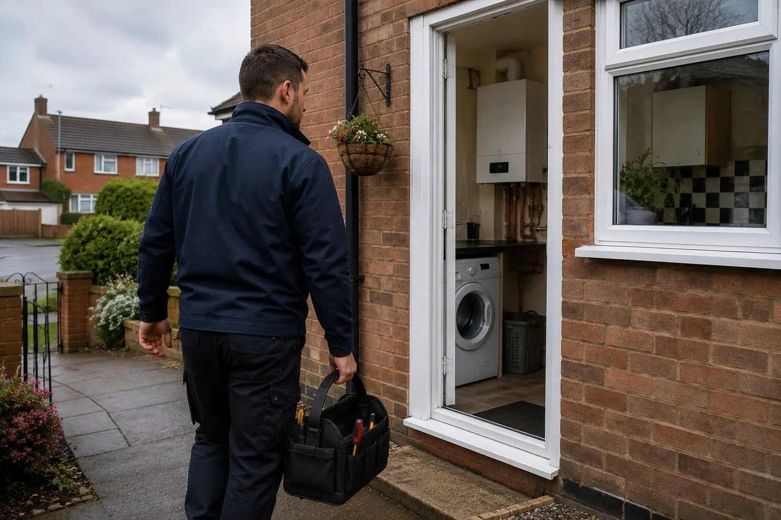 Gas engineer carrying tool bags towards a house with the utility door open