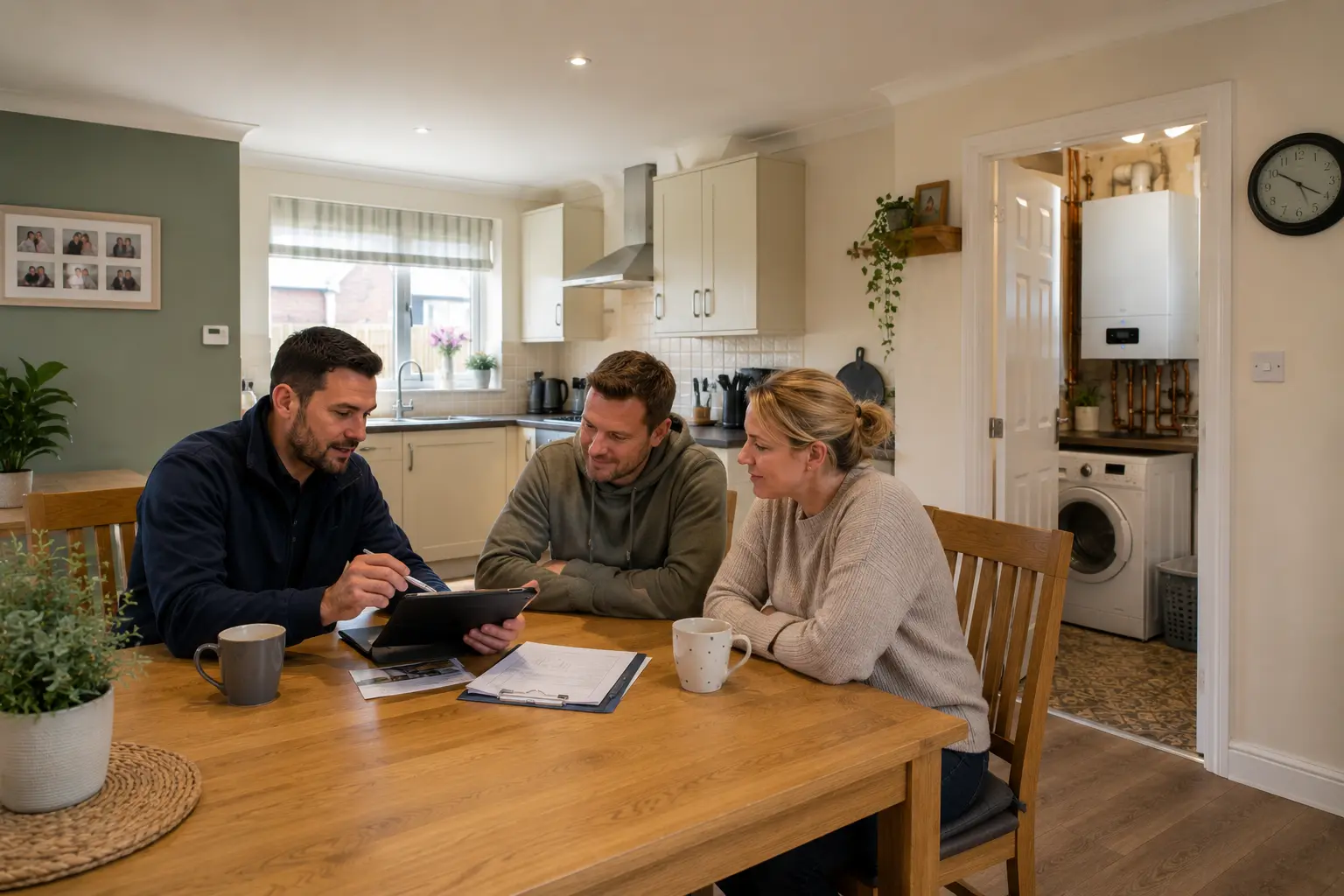 Gas engineer going through boiler paperwork with customers at a kitchen table