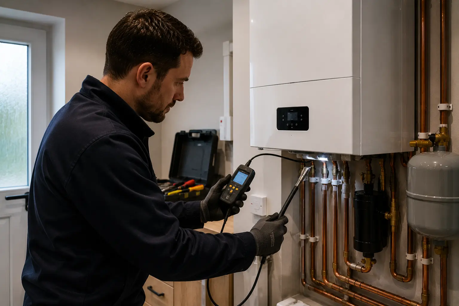 Gas engineer testing a boiler with a handheld flue gas analyser