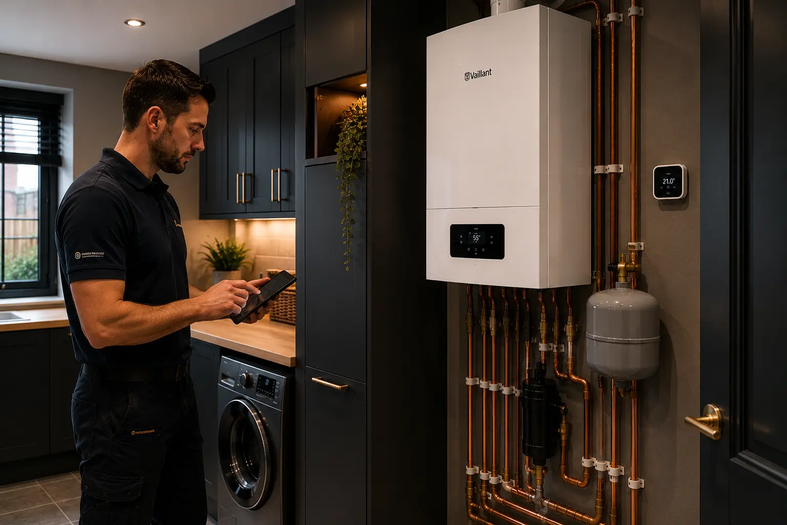 Gas engineer checking a wall-mounted boiler in a dark fitted kitchen