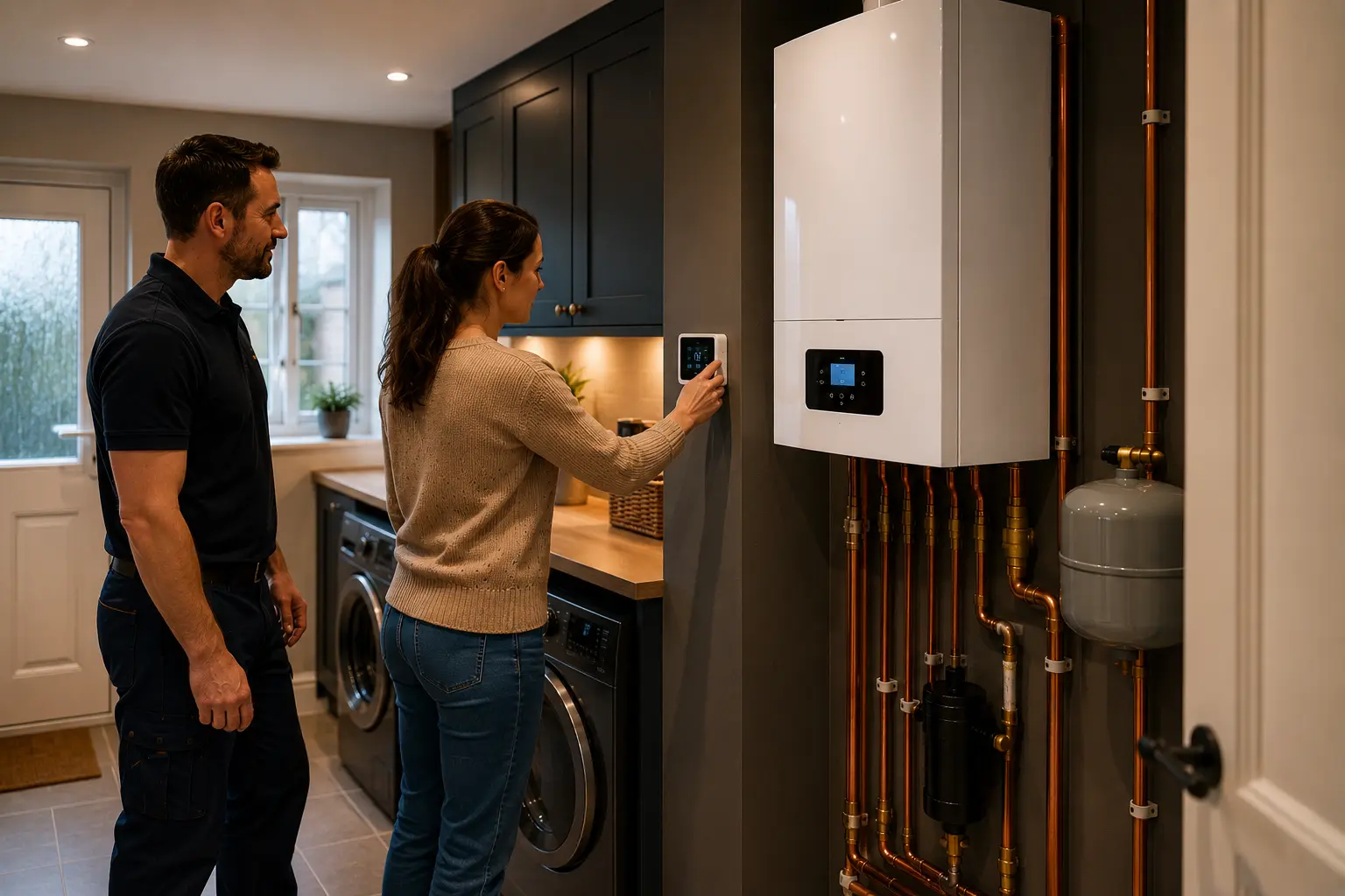 Couple looking at a newly installed boiler above a washing machine