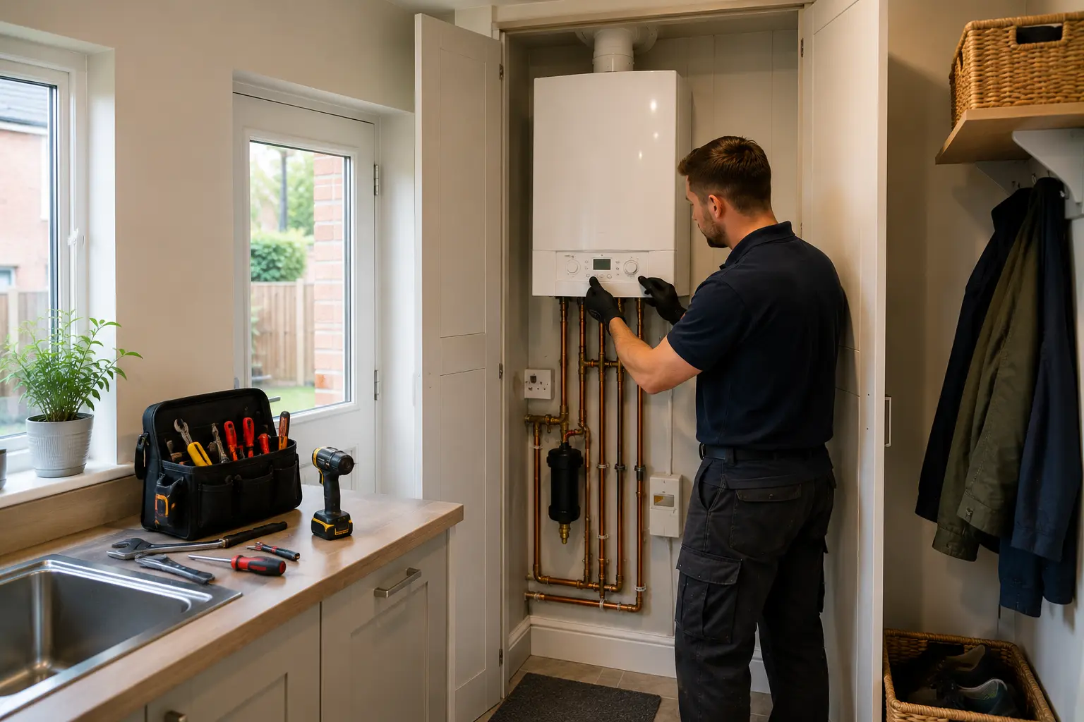 Gas engineer servicing a boiler in a narrow utility space