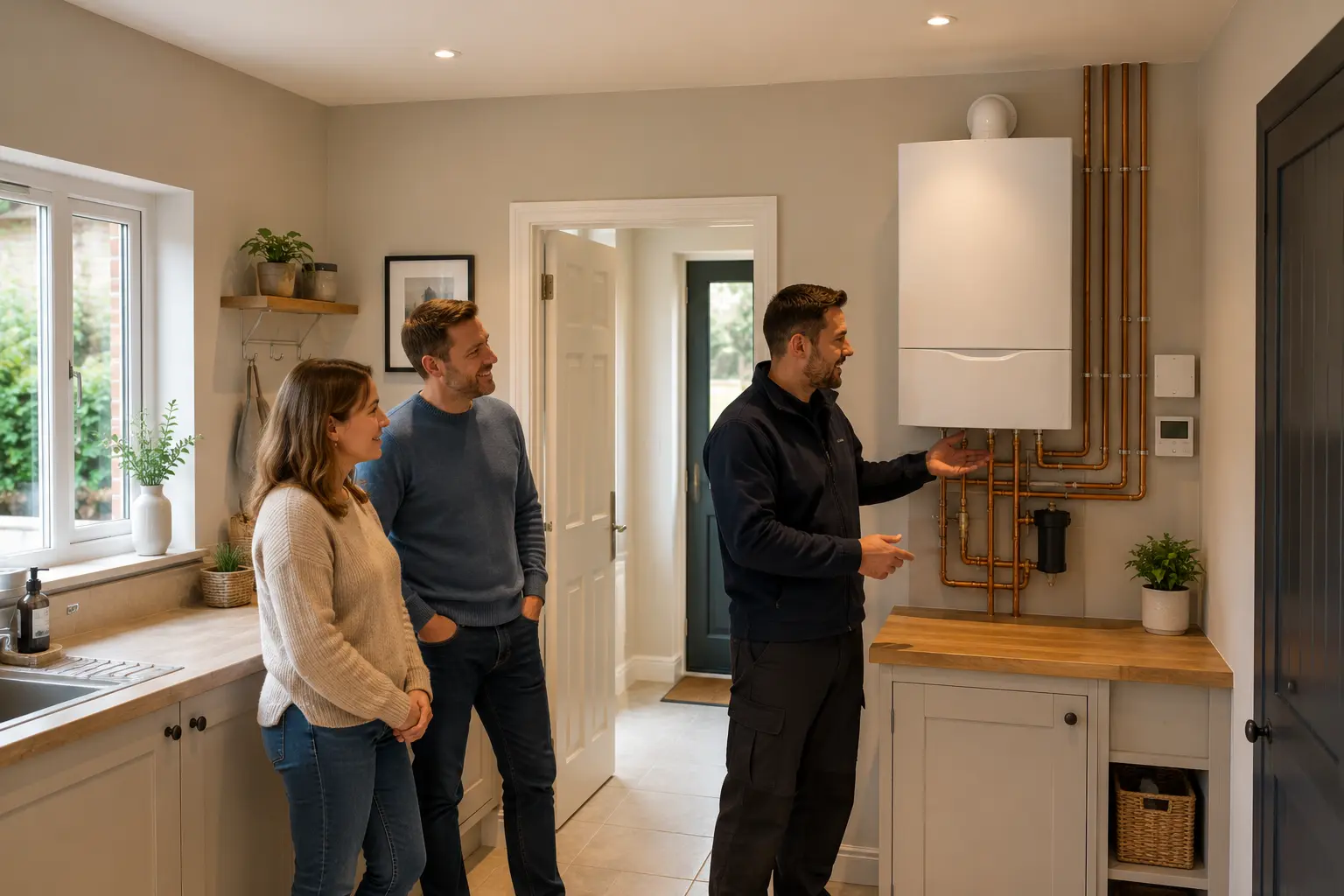 Gas engineer talking a couple through a boiler installation