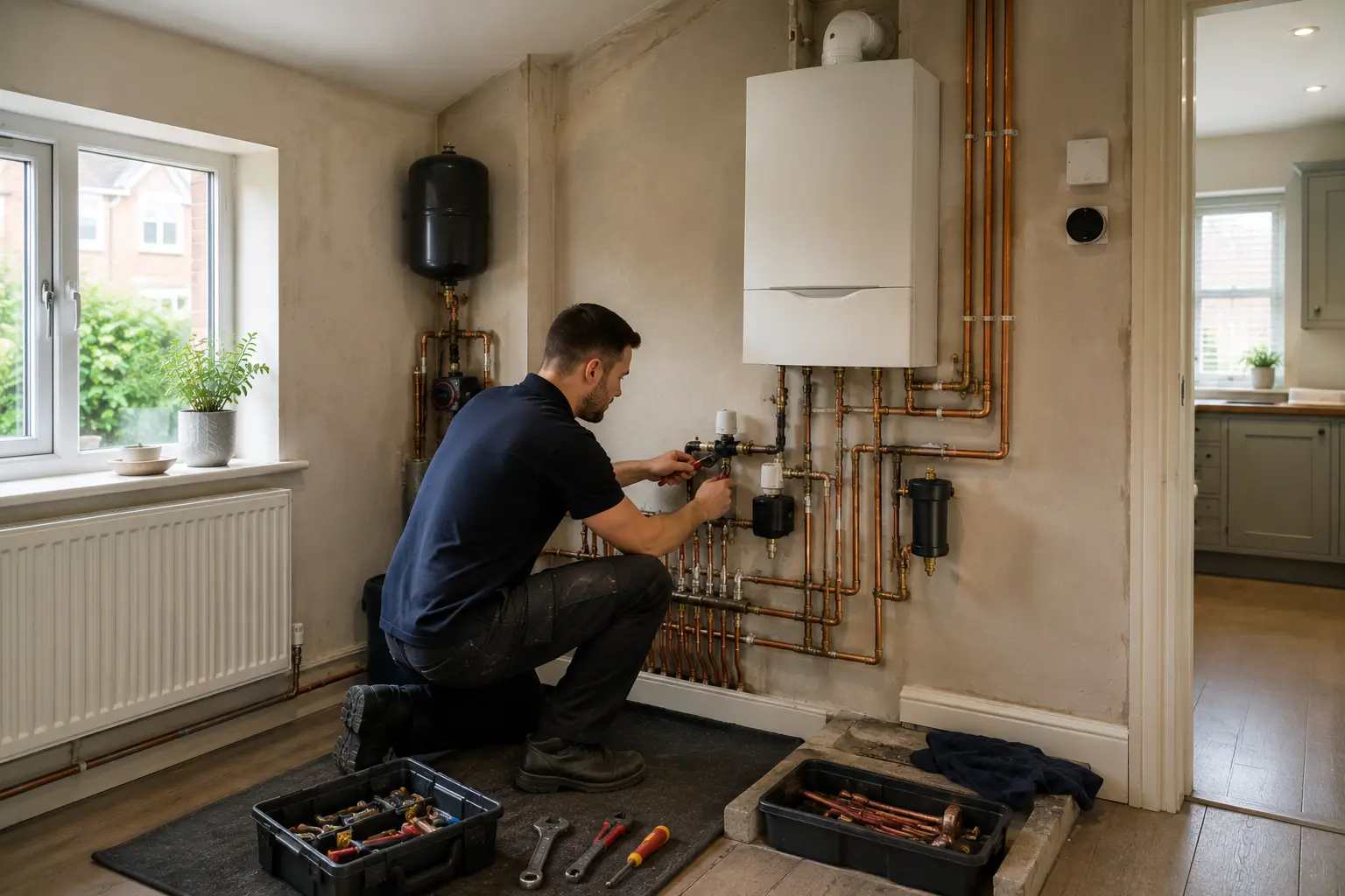 Gas engineer kneeling to work on copper boiler pipework