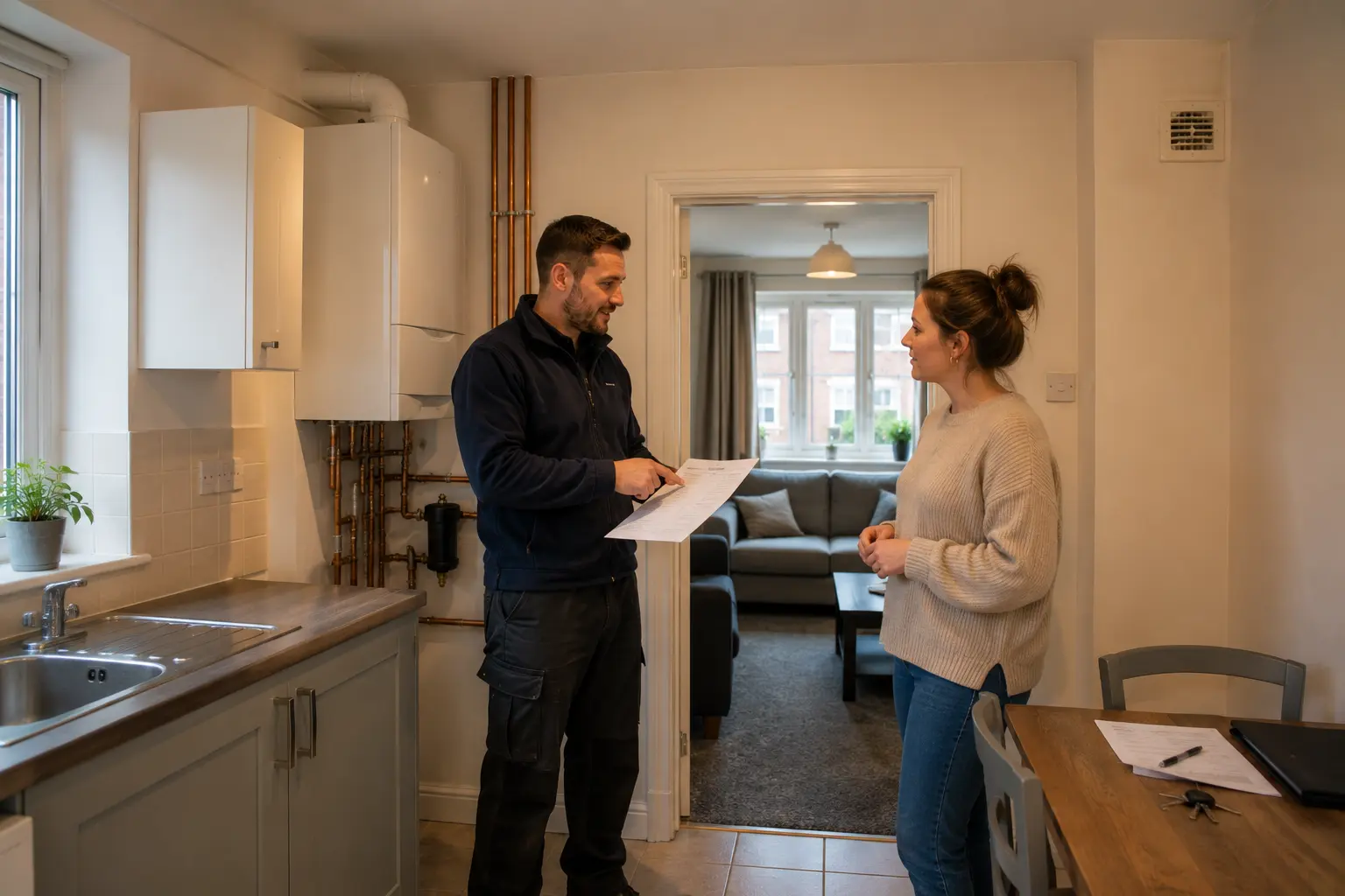 Gas engineer taking notes with a customer in a kitchen