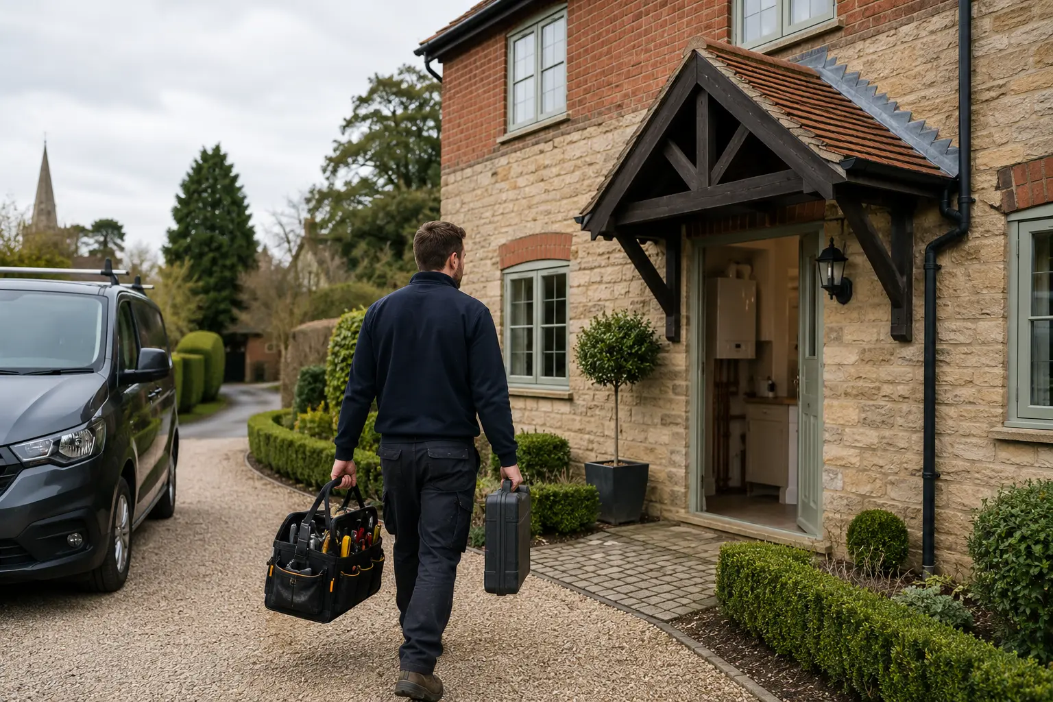 Gas engineer walking up a driveway carrying two tool bags