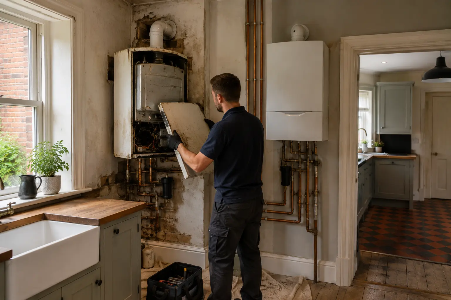 Gas engineer checking a wall-mounted boiler beside a butler sink