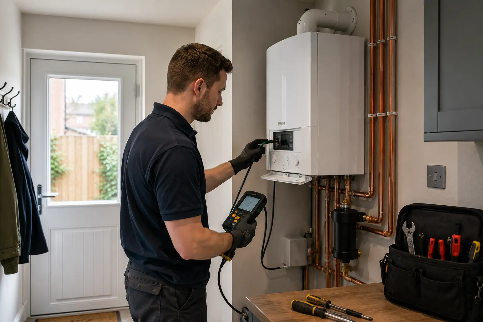 Gas engineer testing a boiler with a digital meter