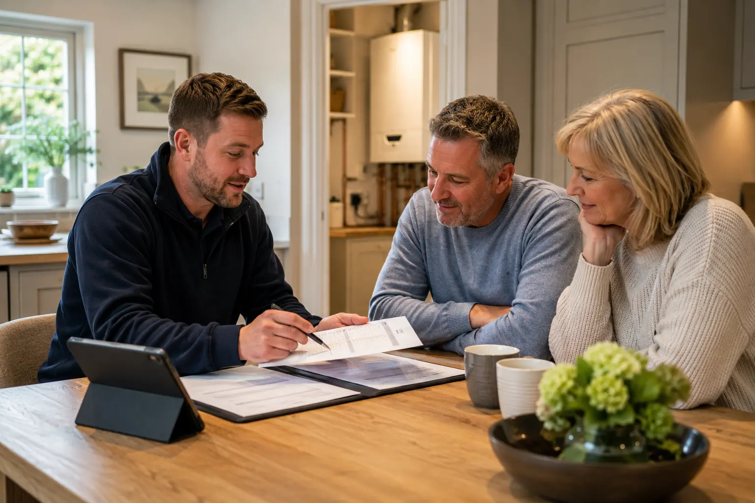 Gas engineer going through new boiler options with two customers