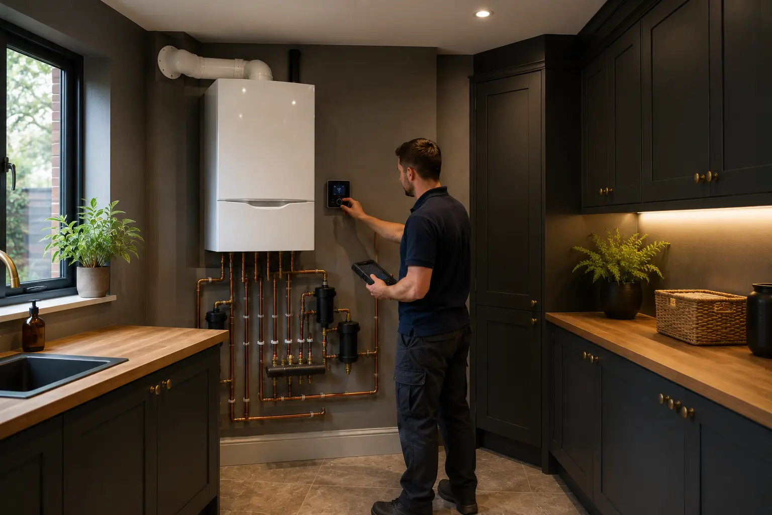 Gas engineer checking a boiler in a dark green fitted kitchen