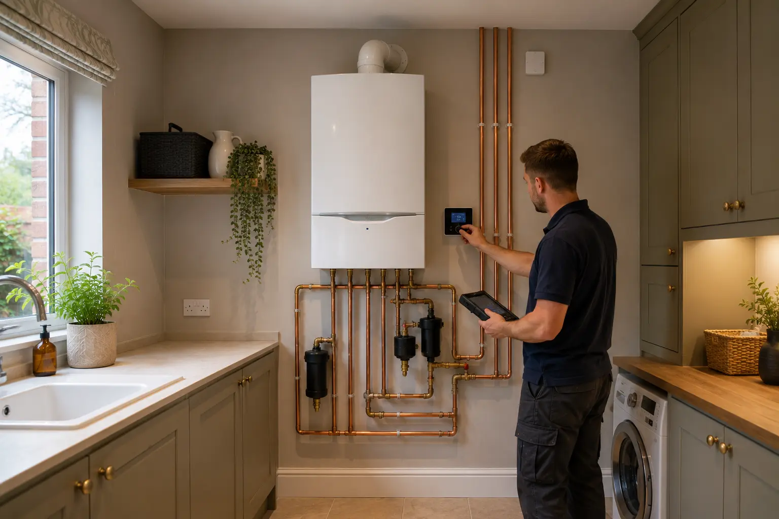 Gas engineer adjusting a wall-mounted combi boiler in a kitchen
