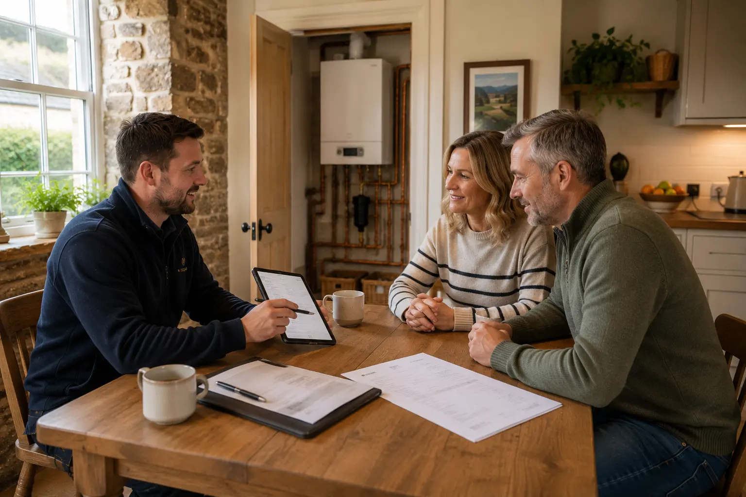 Gas engineer reviewing boiler paperwork with customers at a kitchen table