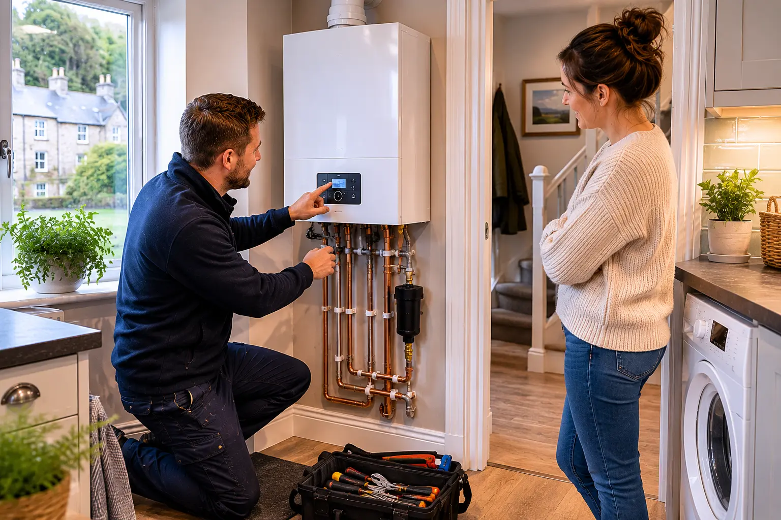 Gas engineer working on a boiler while a customer watches