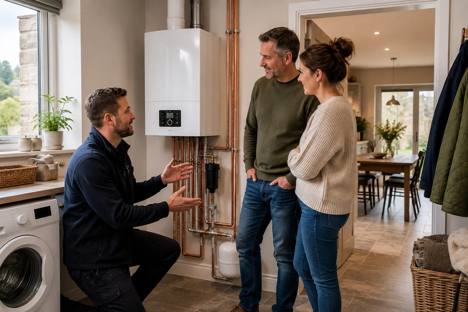 Gas engineer explaining boiler pipework to a couple in a kitchen