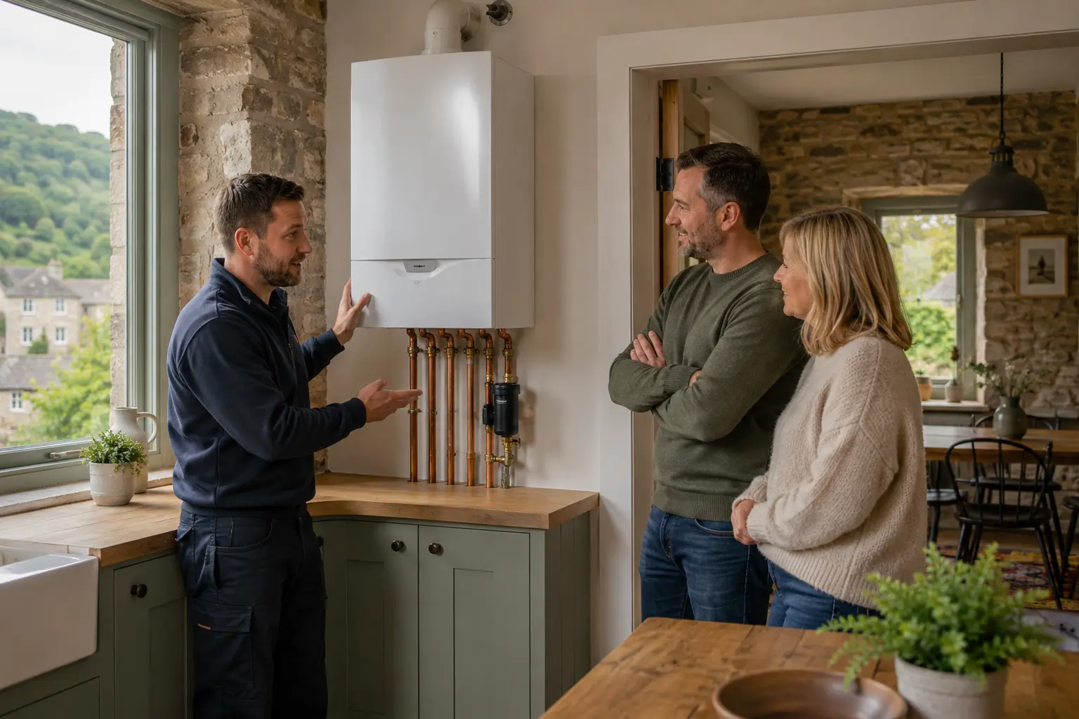 Gas engineer talking to customers beside a newly fitted boiler