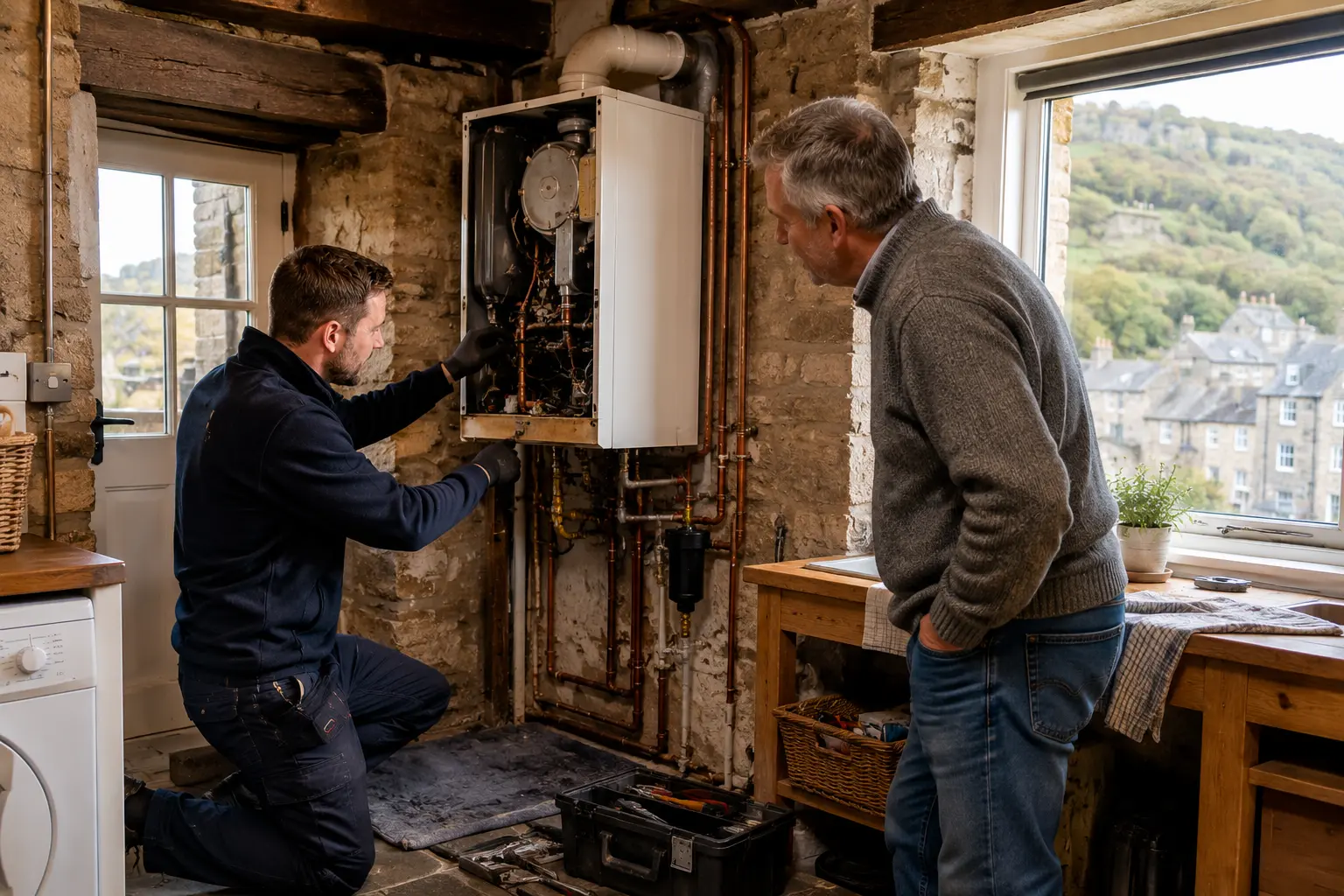 Gas engineer working on a boiler in a stone-walled kitchen