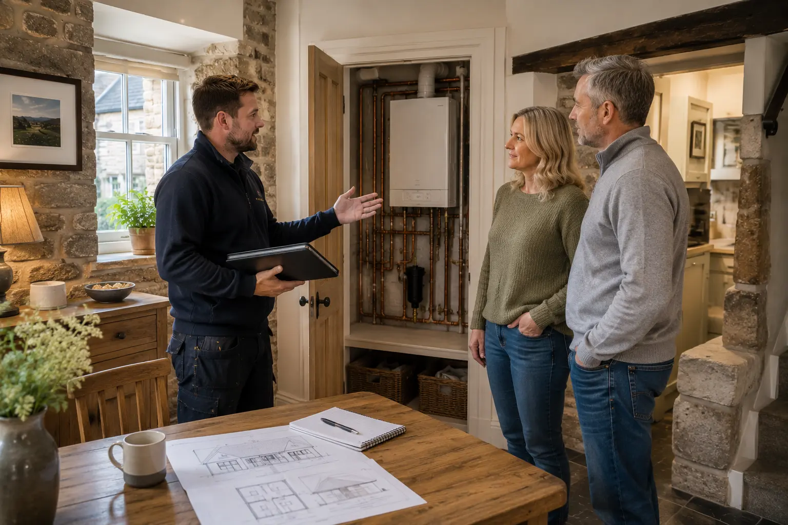 Gas engineer discussing installation plans with customers at a table